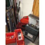 A SELECTION OF GARDEN TOOLS, GAS FIRE ETC