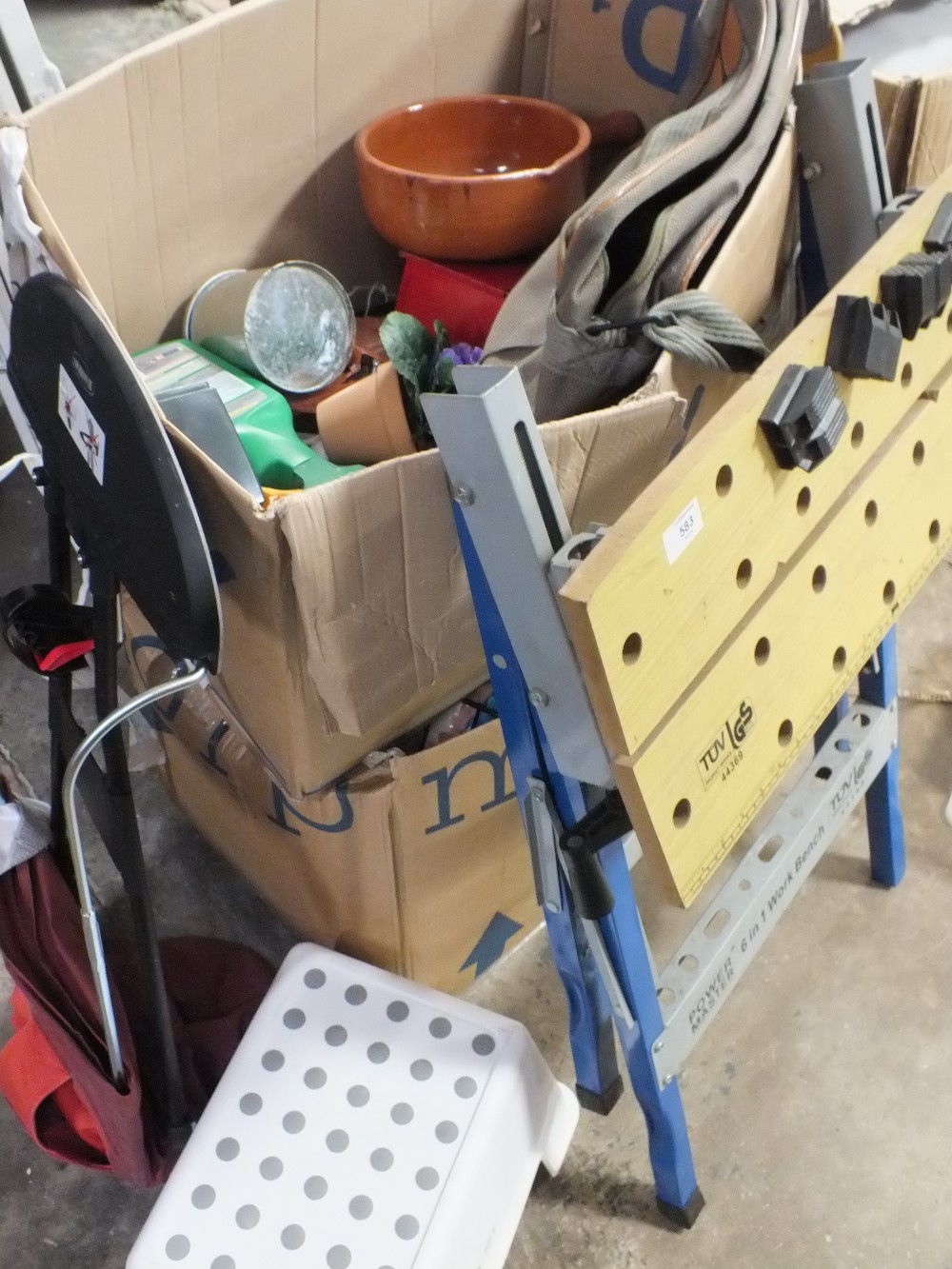 A WORKBENCH TOGETHER WITH 2 BOXES OF MIXED ITEMS TO INCLUDE TOOLS