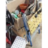 A WORKBENCH TOGETHER WITH 2 BOXES OF MIXED ITEMS TO INCLUDE TOOLS