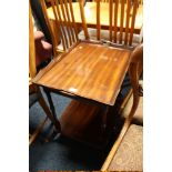 A REPRODUCTION MAHOGANY BUTLERS TABLE WITH SEPARATE TRAY H-63 W-67 CM TOGETHER WITH A SHAPED