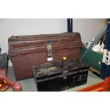 A SMALL METAL TRUNK TOGETHER WITH A SMALL METAL DEED BOX (2)