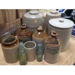 TWO BOXES OF STONE WARE, JARS ETC