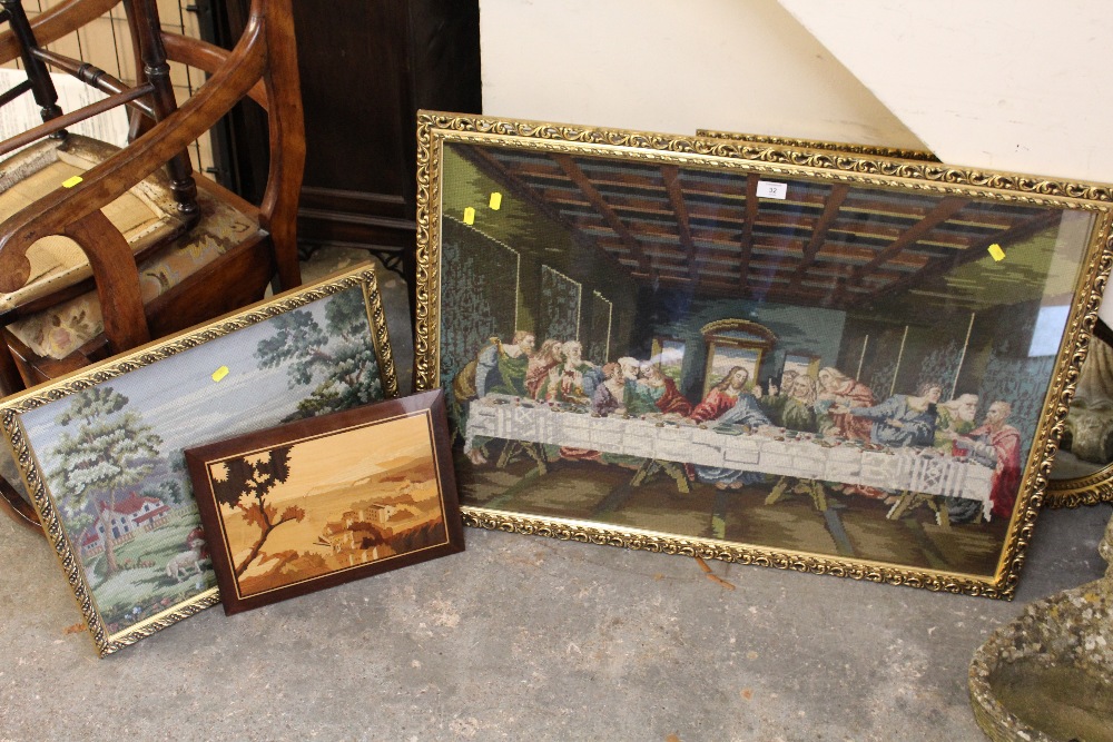 A QUANTITY OF PICTURES AND PRINTS TO INC A LARGE GILT FRAMED TAPESTRY OF THE LAST SUPPER