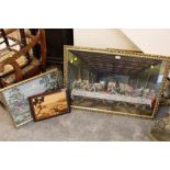A QUANTITY OF PICTURES AND PRINTS TO INC A LARGE GILT FRAMED TAPESTRY OF THE LAST SUPPER