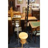 A GLAZED SLENDER DISPLAY CABINET WITH A TURNED STANDARD LAMP, COAT STAND, STOOL ETC
