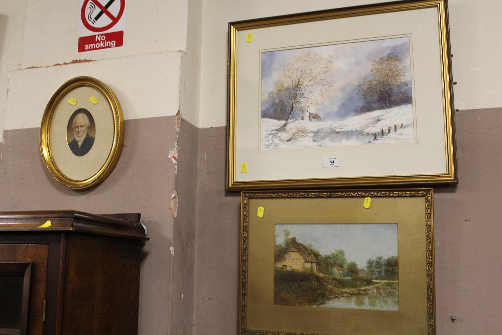 WATERCOLOUR OF A WINTER SCENE TOGETHER WITH A WATER COLOUR OF A COUNTRY COTTAGE AND A PORTRAIT PRINT