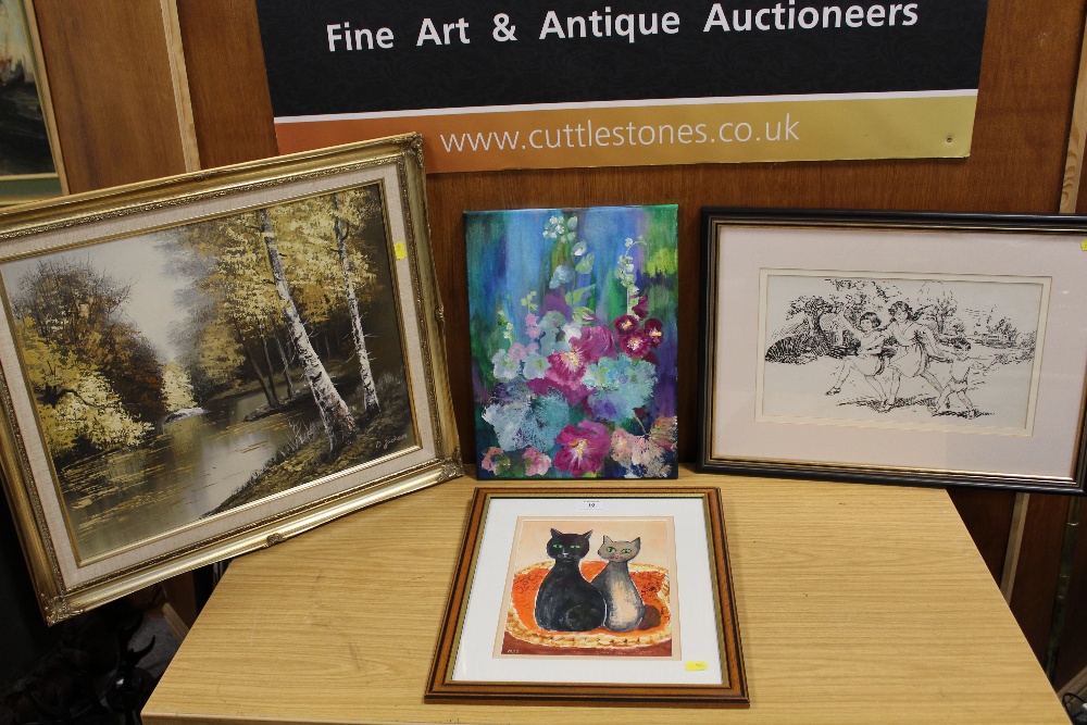 A SELECTION OF PICTURES AND PRINTS TO INCLUDE A MIXED MEDIA PAINTING OF TWO CATS IN A BASKET