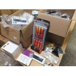 A BOX OF TOOLS AND PARTS ETC TO INCLUDE SCREWDRIVER SETS TOGETHER WITH A BOX OF FUNNELS A/F