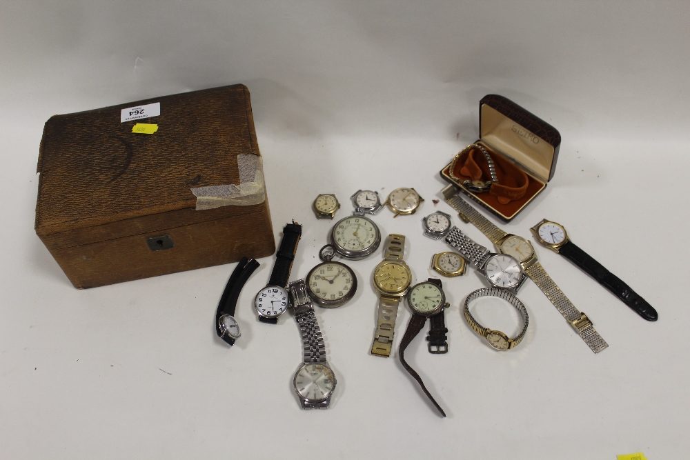 A JEWELLERY BOX AND CONTENTS TO INCLUDE WRIST AND POCKET WATCHES