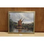 SAILING BOAT ON NORFOLK BROADS, OIL ON CANVAS LAID ON BOARD, UNSIGNED