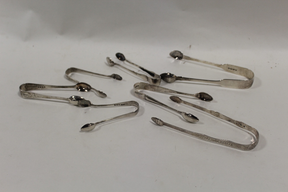 SEVEN PAIRS OF HALLMARKED SILVER SUGAR TONGS TO INC BRIGHTCUT GEORGIAN EXAMPLE AND A GLASGOW RAT-