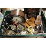A TRAY OF SUNDRIES TO INC A SMITHS ENFIELD MANTLE CLOCK AND A PAIR OF BRASS CANDLESTICKS