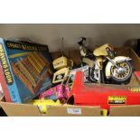 A BOX OF VINTAGE TOYS ETC TO INC A 'CHIPS' STYLE AMERICAN STYLE MOTORBIKE AND RIDER