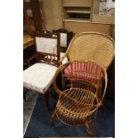 A QUANTITY OF OCCASIONAL FURNITURE TO INCLUDE TWO WICKER CHAIRS, THREE EDWARDIAN CHAIRS AN OAK