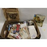 A TRAY OF POSTCARDS AND COLLECTABLES ETC