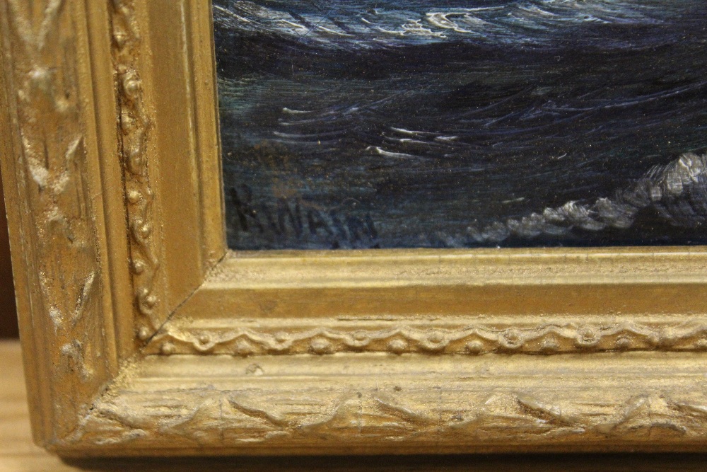 A GILT FRAMED OIL ON PANEL OF A FISHING BOAT AT SEA, - Image 2 of 3