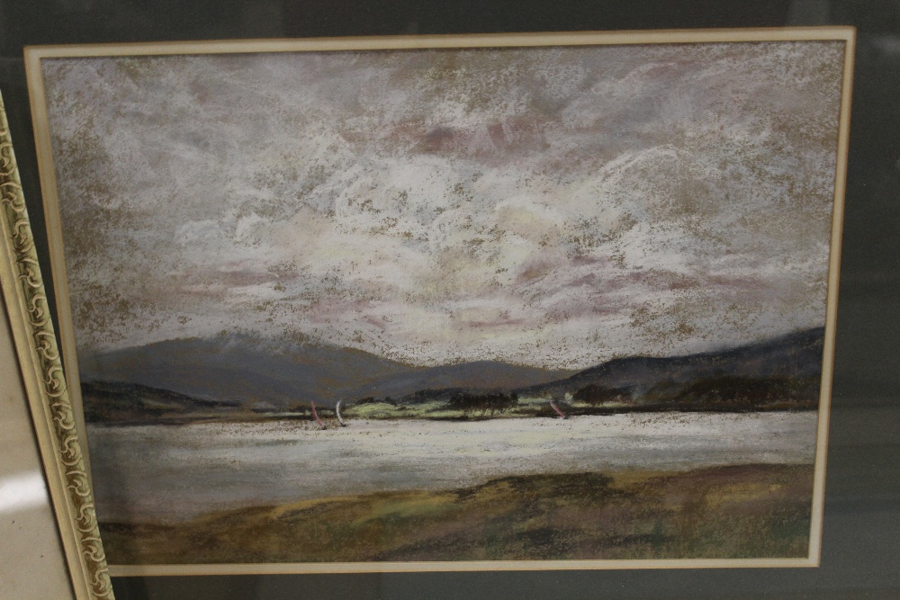 A FRAMED AND GLAZED PASTEL OF A LAKE SCENE ENTITLED BALA PHYLLS CAMPBELL SEE VERSO, A FRAMED AND - Image 3 of 5