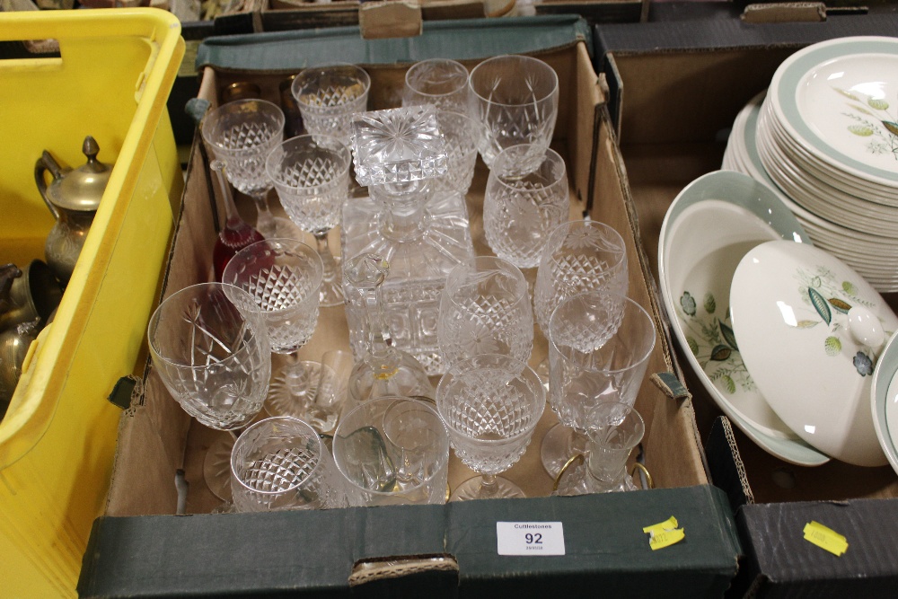 A TRAY OF CUT GLASS TO INC A DECANTER ETC