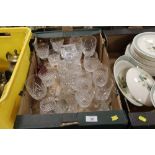 A TRAY OF CUT GLASS TO INC A DECANTER ETC