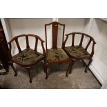 A PAIR OF EDWARDIAN MAHOGANY CORNER CHAIRS AND A BEDROOM CHAIR (3)