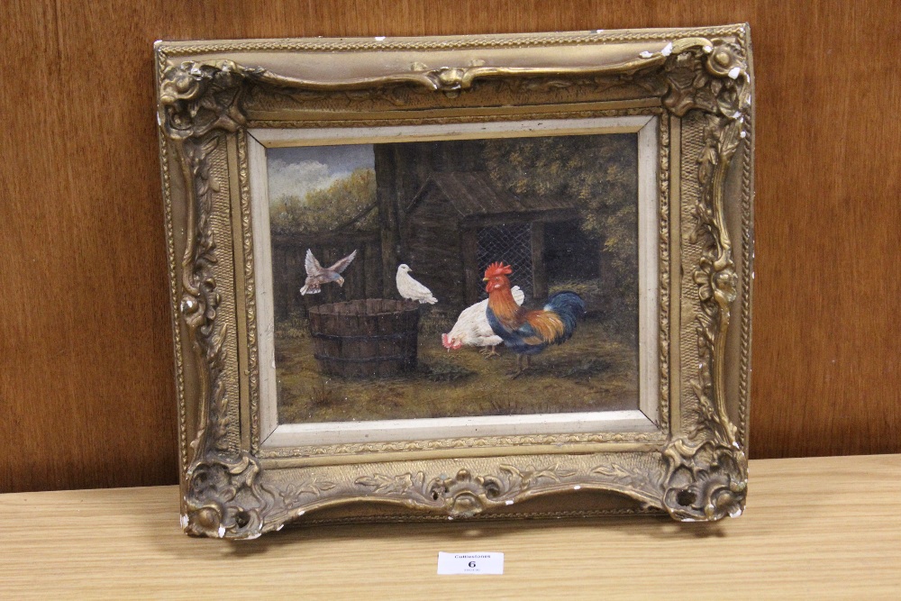 A GILT FRAMED OIL ON BOARD OF CHICKENS AND BIRDS