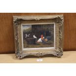 A GILT FRAMED OIL ON BOARD OF CHICKENS AND BIRDS