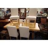 A LARGE CONTEMPORARY LIGHT DINING TABLE AND SIX CHAIRS - TABLE H 79 cm, W 91 cm, L 181 cm