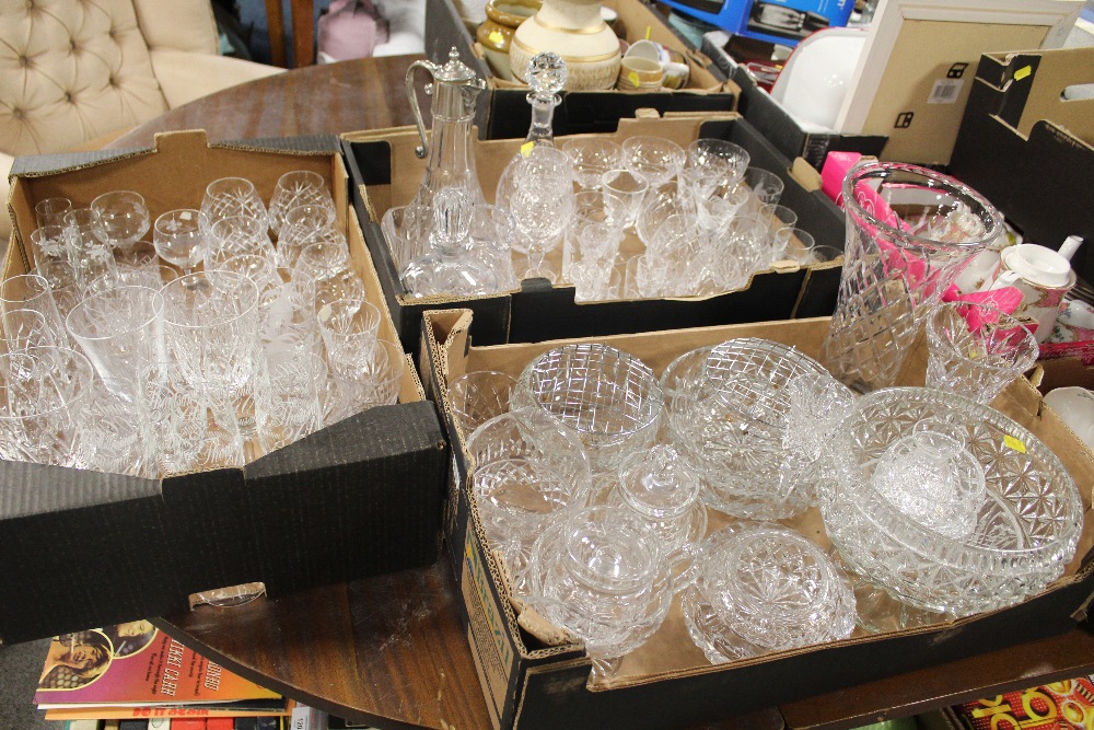 THREE TRAYS OF CUT GLASS AND CRYSTAL GLASSWARE TO INC WATERFORD STYLE EXAMPLES, DECANTERS ETC