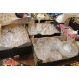 THREE TRAYS OF CUT GLASS AND CRYSTAL GLASSWARE TO INC WATERFORD STYLE EXAMPLES, DECANTERS ETC