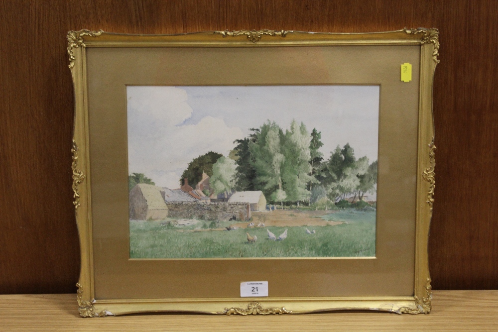 A FRAMED AND GLAZED WATERCOLOUR LAID ON BOARD OF A FARMYARD SCENE INDISTINCTLY SIGNED LOWER RIGHT