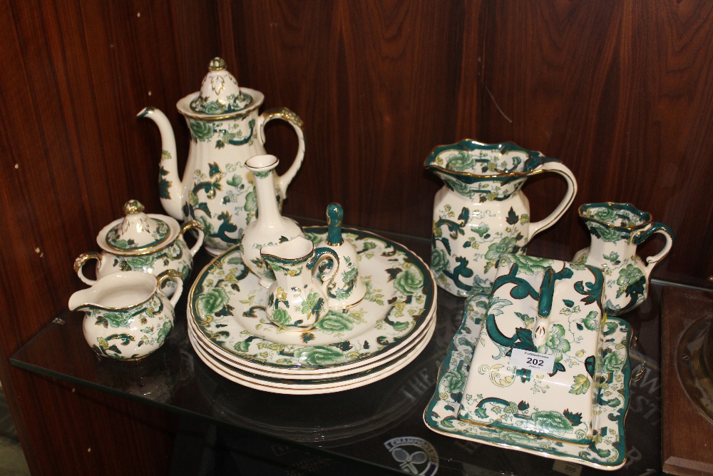 A COLLECTION OF MASONS IRONSTONE GREEN CHARTREUSE TO INCLUDE COFFEE POT, CREAM JUG, SUGAR BOWL AND