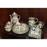 A COLLECTION OF MASONS IRONSTONE GREEN CHARTREUSE TO INCLUDE COFFEE POT, CREAM JUG, SUGAR BOWL AND