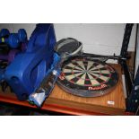 A SELECTION OF SPORTING AND RECREATION GEAR TO INC A BADMINTON SET, RACKETS, CASED DART BOARD PLUS