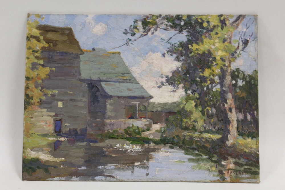 DAMIAN HASLAM. Impressionist watermill scene with ducks on mill pond, signed lower right and - Image 2 of 3