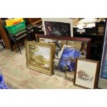 A COLLECTION OF PICTURES, PRINTS AND MIRRORS. To include a gilt framed oil on board depicting a