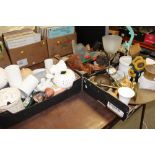 THREE TRAYS OF ASSORTED CERAMICS AND TREEN ETC to include vintage brass candlesticks etc