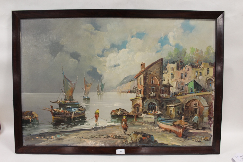 A FRAMED OIL ON CANVAS OF AN ITALIAN STYLE COASTAL VILLAGE SCENE - Image 2 of 2