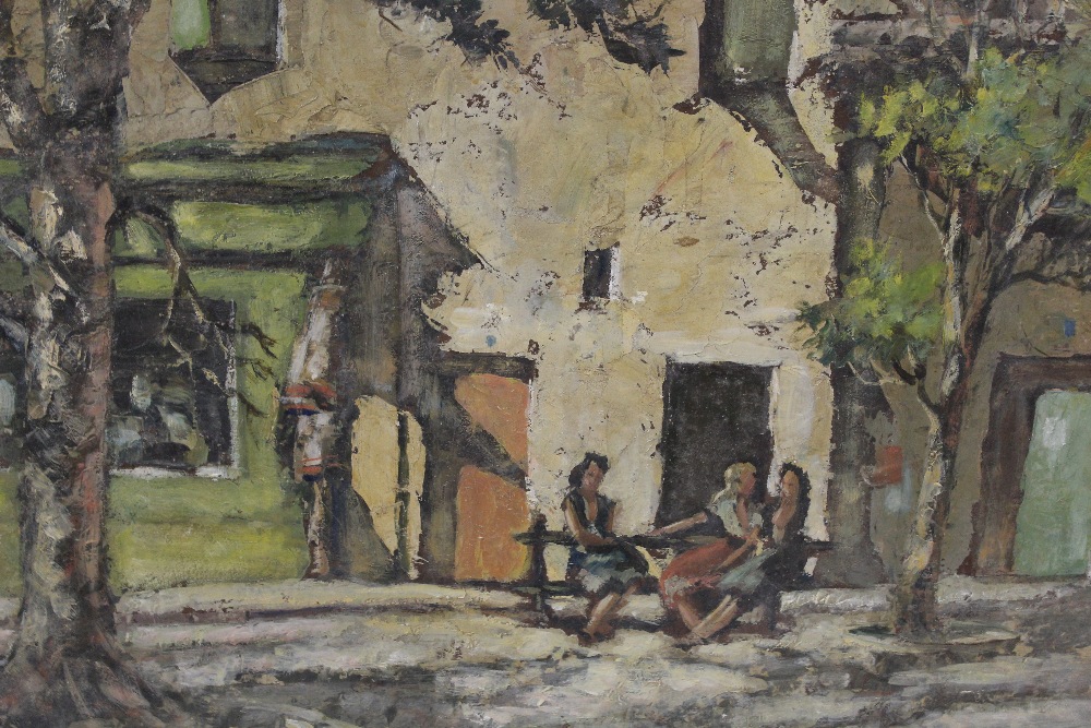 H.W. WRIGHT (XX). Impressionist street scene with three ladies sat on a bench 'Three on a Bench', - Image 2 of 3