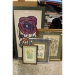 A SMALL QUANTITY OF BOTANICAL PRINTS together with an Art Nouveau style floral silk work (4)