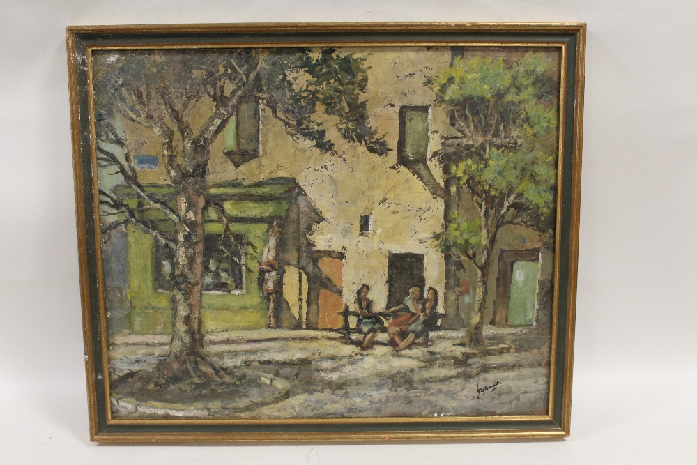 H.W. WRIGHT (XX). Impressionist street scene with three ladies sat on a bench 'Three on a Bench',