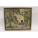 H.W. WRIGHT (XX). Impressionist street scene with three ladies sat on a bench 'Three on a Bench',