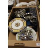 A SILVER PLATED THREE PIECE TEA SERVICE, ROYAL WORCESTER CAKE STAND, ETC