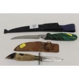 A DEER HOOF HANDLED FAGAN & SON SHEATH KNIFE WITH POUCH, TOGETHER WITH A FISHING KNIFE (2)