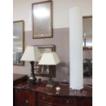 TWO MODERN DESIGNER STYLE TABLE LAMPS TOGETHER WITH A FLOOR LAMP (3)