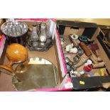 TWO TRAYS OF COLLECTABLES to include a silver plated seven bottle cruet set
