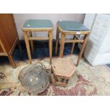 TWO RETRO KITCHEN STOOLS, BAMBOO STOOL AND BASKET (4)