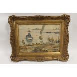 (XX). Continental harbour scene with moored boats, signed lower left, oil on canvas laid on board,