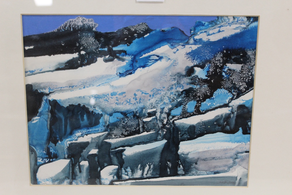 PETER SOLLY. Snowy landscape, 'Ice Forms', see label verso, signed lower right, mixed media on card,