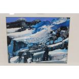 PETER SOLLY. Snowy landscape, 'Ice Forms', see label verso, signed lower right, mixed media on card,