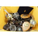 A BOX OF METALWARE TO INC TROPHIES ETC